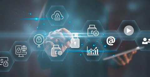 Businessman interacting digital security interface cloud protection data en.. Foto stock