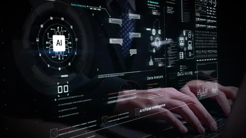 Businessman interacting with futuristic AI interface on laptop, visualizing. Video stock 325685010