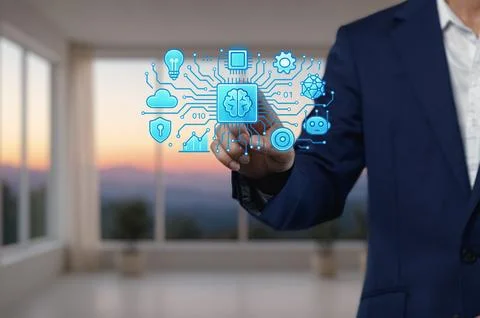 Businessman Interacting with Virtual Technology and Data Visualization Foto stock