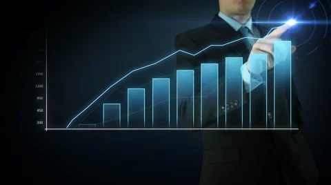 Businessman interactivity Touch screen. Touchscreen big blue bar graph. Stock Footage 45963254