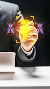 A businessman interacts with a digital interface, selecting a glowing yello.. Stock Illustration