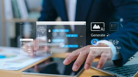 A businessman interacts with a futuristic digital interface over a tablet d.. 스톡 사진