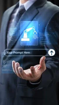 A businessman interacts with a futuristic digital interface showing an AI p.. Stock Photos