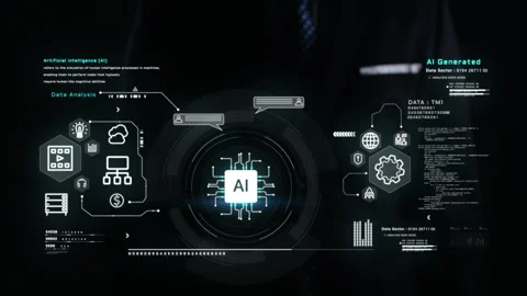 Businessman interacts with virtual AI interface, futuristic HUD with data 스톡 동영상 325684982