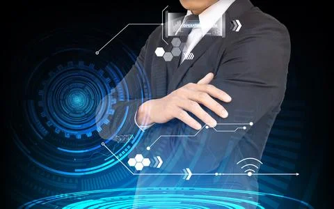 Businessman interface against blue Stock Illustration