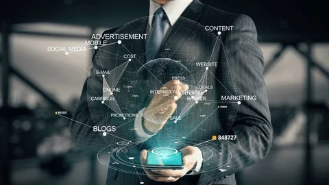 Businessman with Internet Advertising hologram concept Stock Footage