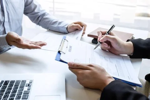 Businessman interview consider a resume conversation during about profile of Stock Photos