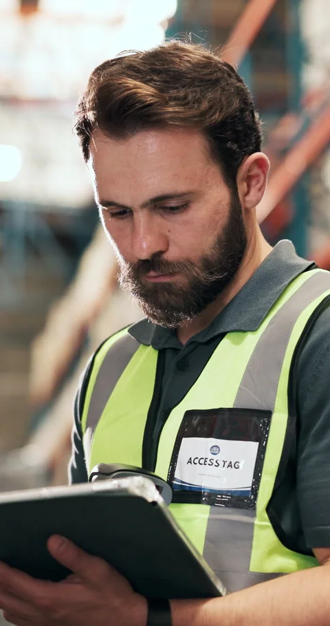 Businessman, inventory or warehouse with tablet for stock price or checklist in Stock Footage 327448043