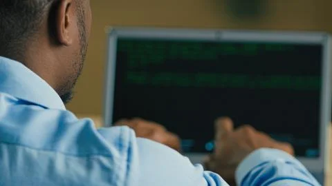 Businessman IT programmer hacker man developing software digital java app typing Stock Photos