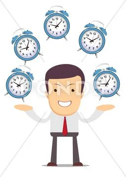 Businessman juggling with alarm clocks, symbolizing time management Stock Illustration