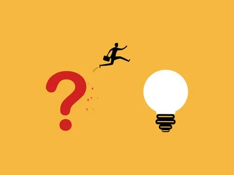 Businessman jumped from the question mark to the light bulb 스톡 일러스트