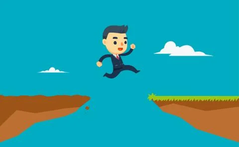 A businessman is jumping between two cliffs. vector illustration Stock Illustration