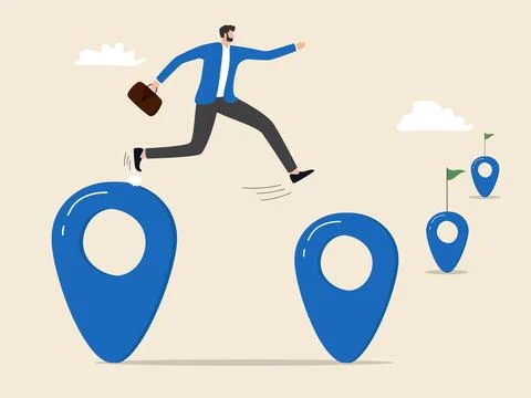 Businessman jumping from map point to map point Stock Illustration