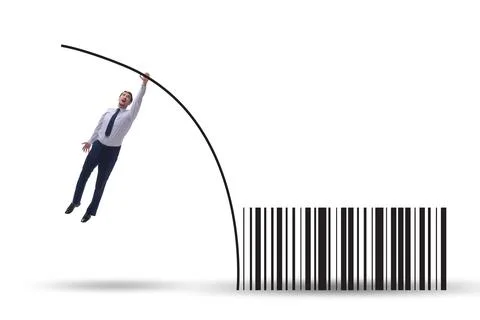 Businessman jumping over bar code in pole vaulting Stock-Fotos