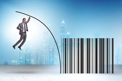 Businessman jumping over bar code in pole vaulting Stock-Fotos