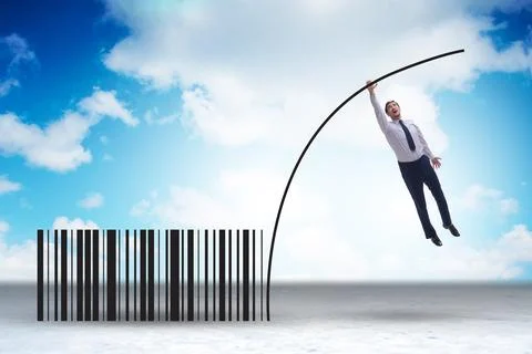 Businessman jumping over bar code in pole vaulting Stock Photos
