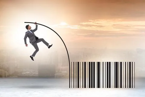 Businessman jumping over bar code in pole vaulting Stock-Fotos