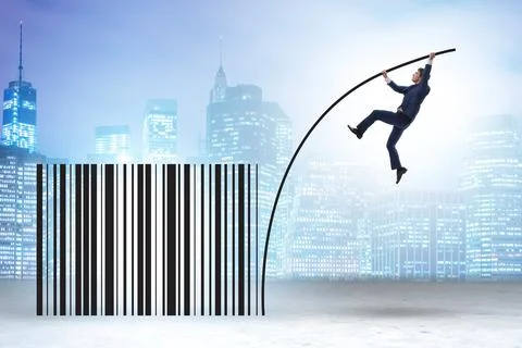 Businessman jumping over bar code in pole vaulting Stock-Fotos