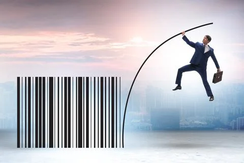 Businessman jumping over bar code in pole vaulting Stock-Fotos