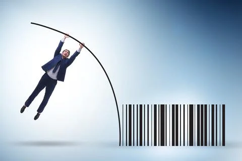 Businessman jumping over bar code in pole vaulting Stock-Fotos