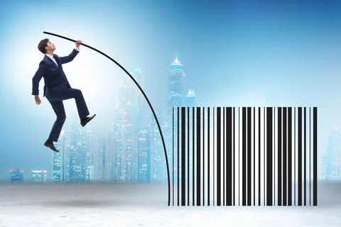 Businessman jumping over bar code in pole vaulting Stock-Fotos