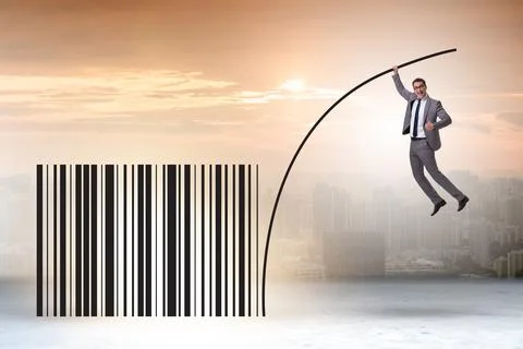Businessman jumping over bar code in pole vaulting Stock-Fotos