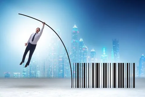 Businessman jumping over bar code in pole vaulting Stock-Fotos