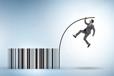 Businessman jumping over bar code in pole vaulting Stock-Fotos