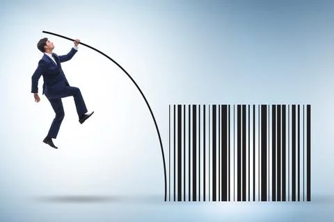 Businessman jumping over bar code in pole vaulting Foto stock