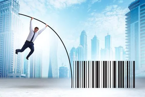 Businessman jumping over bar code in pole vaulting Stock-Fotos