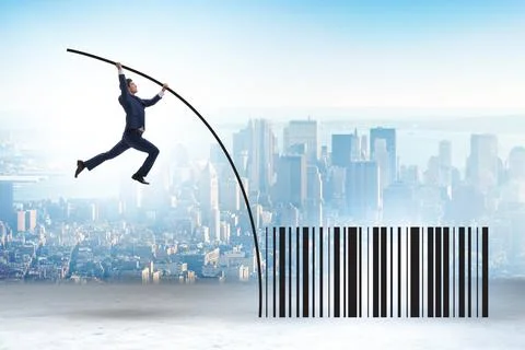 Businessman jumping over bar code in pole vaulting Stock-Fotos