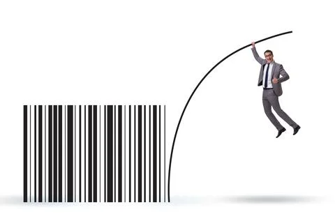 Businessman jumping over bar code in pole vaulting Stock-Fotos