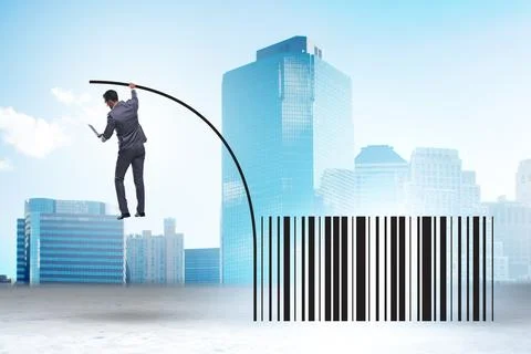 Businessman jumping over bar code in pole vaulting Stock-Fotos