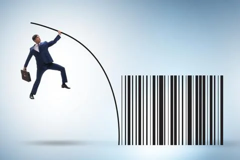Businessman jumping over bar code in pole vaulting Stock-Fotos