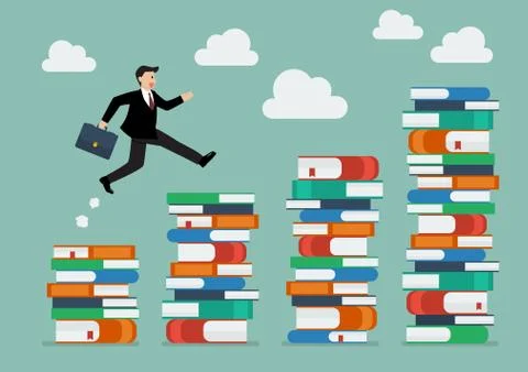 Businessman jumping over higher stack of books Stock Illustration