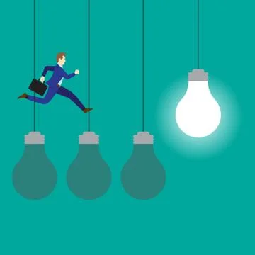 Businessman Jumping On Three Dark Light Bulbs Stock Illustration