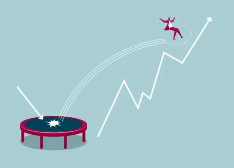 Businessman jumping using a trampoline. Isolated on blue background. 스톡 일러스트