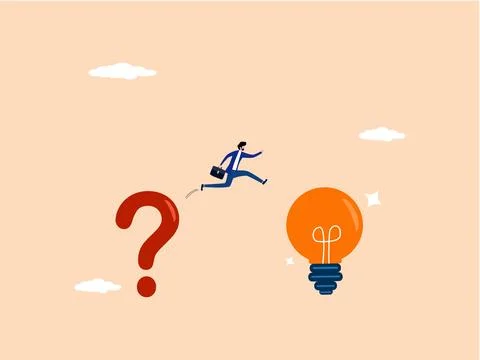 Businessman jumps to light bulb, problem solving Illustrazione stock