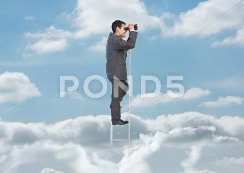 Businessman on ladder over the clouds Stock Photos
