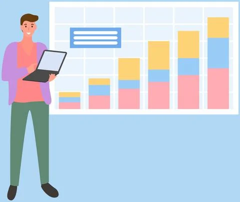 Businessman with laptop analysis indicators. Presentation board with data bar Stock Illustration