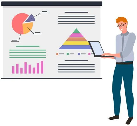 Businessman with laptop analyzing indicators. Data analysis research statistics Illustrazione stock