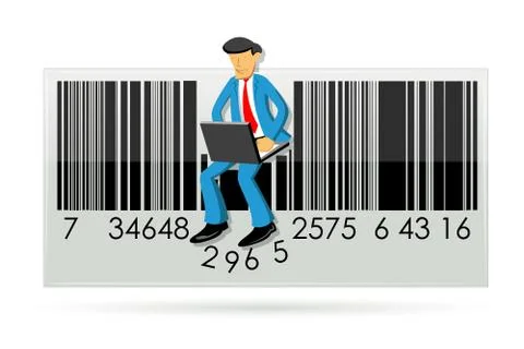 Businessman with laptop in barcode Stock Illustration