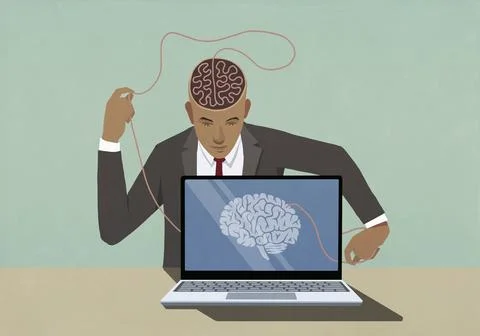 Businessman at laptop pulling at string in brain Illustrazione stock