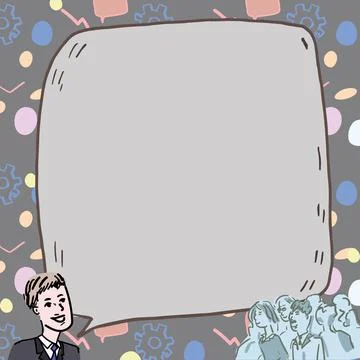 Businessman With Large Speech Bubble Talking To Crowd Presenting New Ideas Illustrazione stock