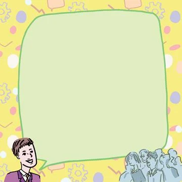 Businessman With Large Speech Bubble Talking To Crowd Presenting New Ideas Illustrazione stock