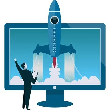 Businessman launch online startup vector flat icon Stock Illustration