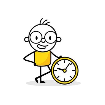 Businessman leaning on a clock on white background. Hand drawn doodle man. Ve イラスト素材
