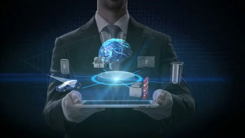 Businessman lifting smart pad, internet sensor connecting Digital brain, 4k. Video stock 89921005