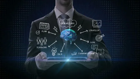 Businessman lifting a smart pad, tablet, Brainstorming to digital brain. 4K. Stock Footage 88985053