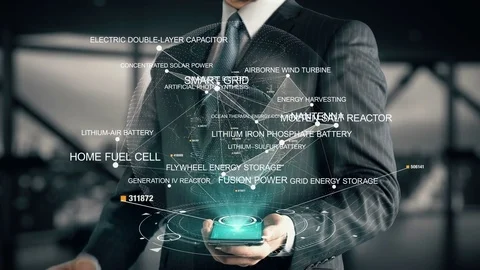 Businessman with Lithium-Air Battery hologram concept Stock Footage